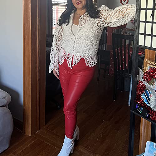 Womens Sexy Lace Long Sleeve Ruffled Tops Cute Puff Flare Blouses V Neck Hollow Out Button Down Shirt Tunic3