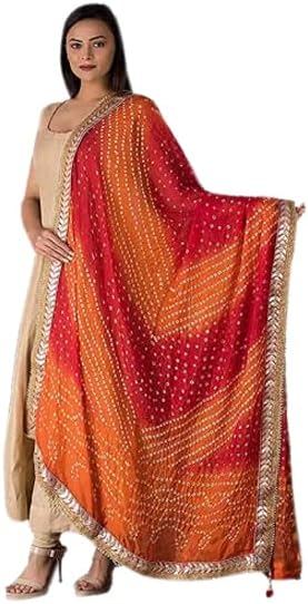 C&G INDIA Women's Bandhej With Gota Art Silk Dupatta (CG-BNDJ_Red Orange_240x80 cm), Red Orange, 240x80 cm. - Image 4
