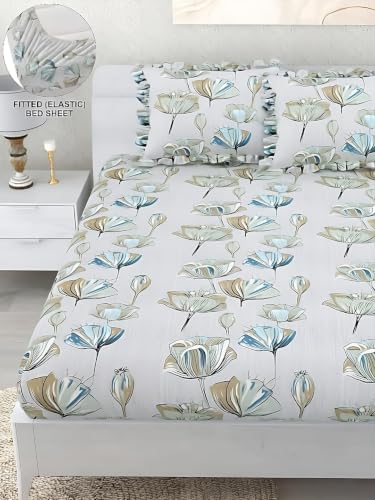 Image of King Size Fitted Bedsheet for Double Bed | 300 TC Cotton Feel Microfiber | All Around Elastic with 2 Frill Pillow Covers | Soft & Durable | (FloralWhiteFrill, Fitted - Double72x72)