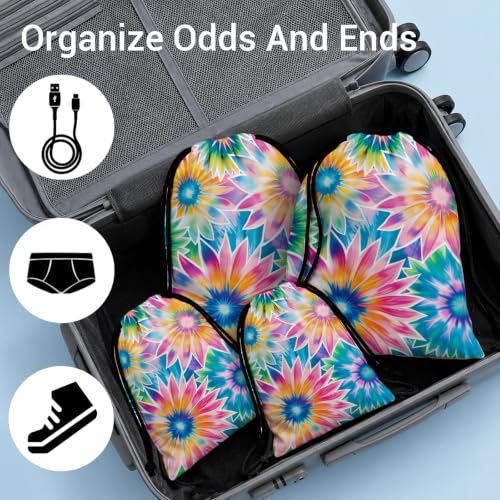 Image of Flower Rainbow Drawstring Bag Tie Dye Storage Pouch for Toiletries Wet Cloth Shoes