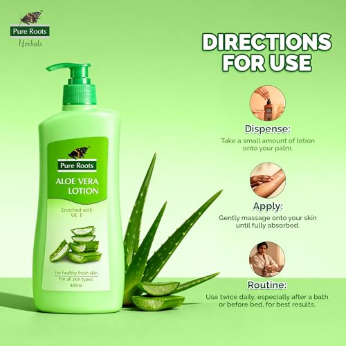 Image of Pure Roots Body Lotion Aloe Vera 400ml - Pack of 2 - Moisture Nourishing Lotion for All Skin Types, Fast Absorbing, Non-Sticky, Instant Hydration in Summer for Men & Women Soothing Skincare