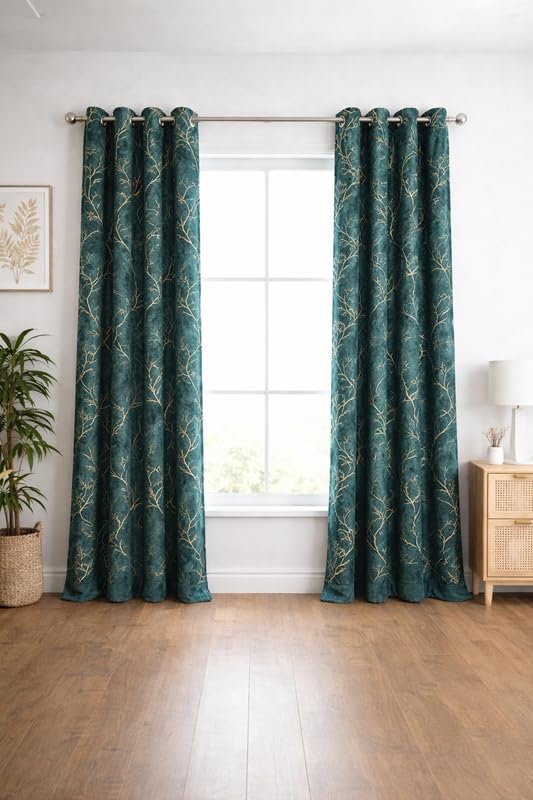 Image of Bilji Pattern Velvet 11 Feet Blackout Curtain Panels, 70% Light-Blocking Heavy Thermal Insulated Drapes Golden Foil Set of 1 (335 * 121cm, Sea Green)