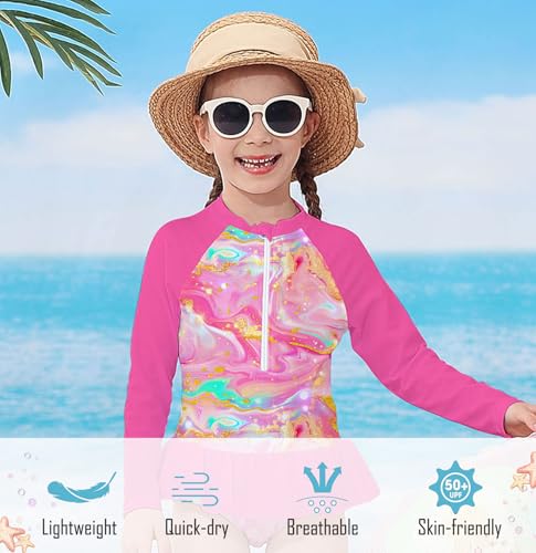 Image of RAISEVERN 1-7 Years Girls Rashguard Swimsuit Long Sleeve One Piece Zipper Bathing Suits with Ruffle Butt