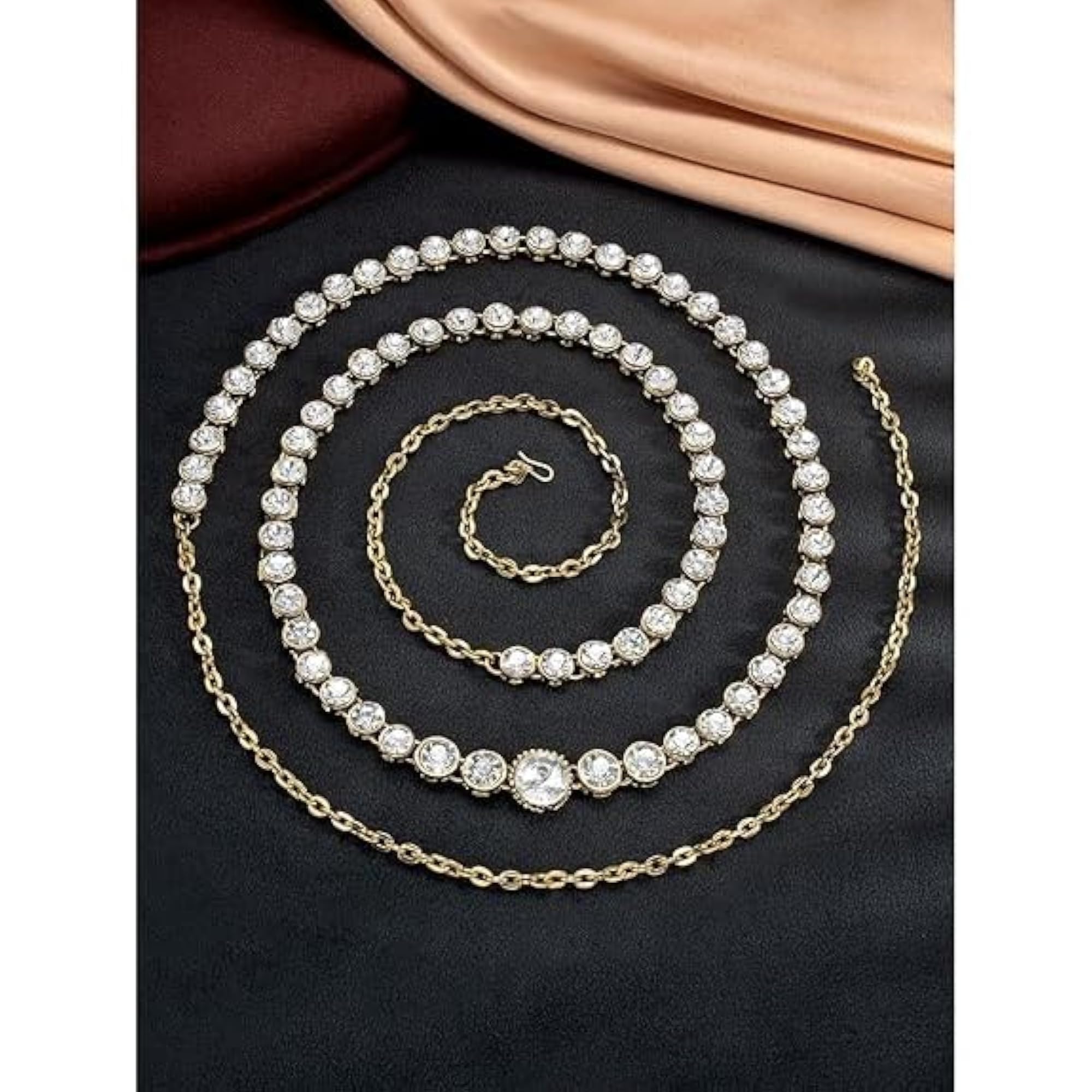 Women's Crystal Rhinestone Chain Belt, Adjustable Gold-Toned