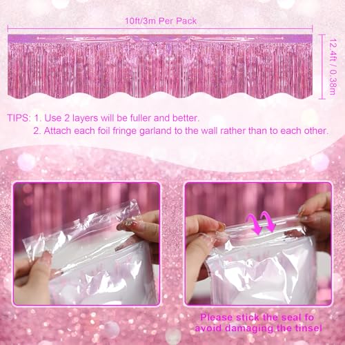 Image of LOLStar Pink Foil Fringe Tinsel Garland, Tinsel Streamers Banner, 6 Pack | 60Ft Metallic Tinsel Streamers Banner, Glitter Photo Booth Props for Wedding, Parade Float, Gender Reveal Party Decor