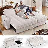 Sunny Heart Sleeper Sofa Bed, 81' L Shaped Couch Sleeper Sofa, Pull Out Couch Bed with Reclining Backrest | Reversible Storage Chaise | USB Port | Side Pocket | Tool-Free Assembly | Chenille Beige
