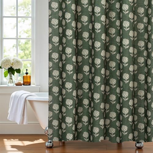 MUGINYU Green Floral Shower Curtain Linen Texture- Vintage Block Print Cottage Core Shower Curtain Set,Rustic Farmhouse Frenchy Bathroom Decor 72x72 Inch