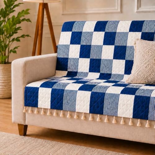 Image of Velvet Quilted Sofa Armrest Covers (Pack of 2) | Blue Check | Anti-Slip Soft Washable Arm Covers with Tassels | 24 x 27 Inches