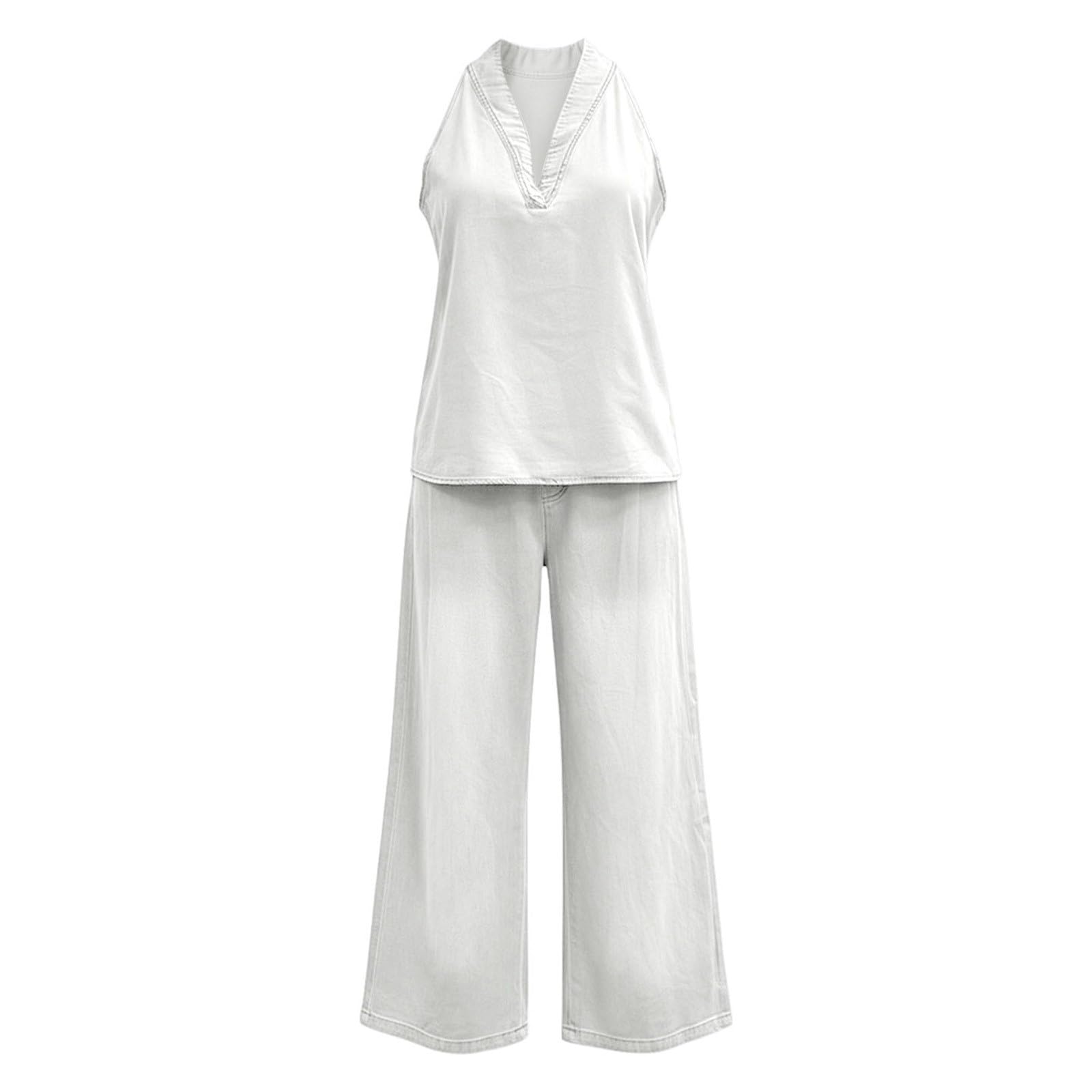 Traje de pantalón para mujer de verano de dos piezas, cuello en V, parte superior vaquera con anchos, pantalones vaqueros con solapa, cuello con botones, juego de camisetas vintage, ropa de salón