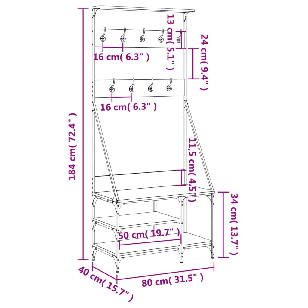 Kleiderständer Garderobe mit Schuhablage in Braun Eichen-Optik, Holzwerkstoff und Metall, 80x40x184 cm, freistehend, platzsparend, mit Haken und Rollen für Schlafzimmer und Flur