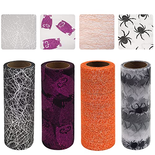 Halloween Tulle Decoration 4 Glitter Tulle Rolls Set Each 6 Inch x 10 Yards (30 feet), Orange Tulle, Black Tulle, Purple Tulle, with Special Halloween Pattern
