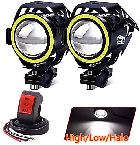 Motorcycle Headlight U7 LED Fog Lights Spotlight Daytime Running Lights with White Angel Eyes Halo Ring Hi/Lo Beam with Switch for Motorbike Offroad UTV ATV Trucks 2Pcs White