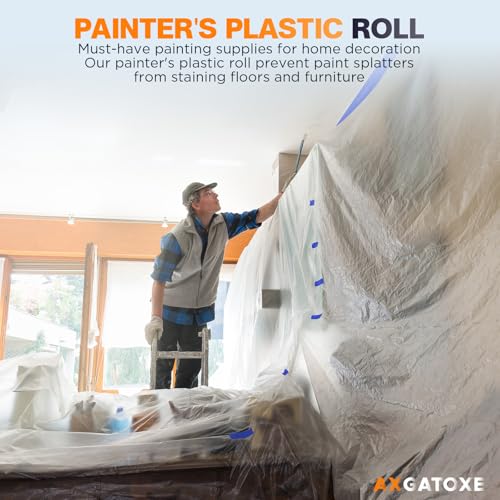 Image of Axgatoxe Plastic Drop Cloth for Painting, Painter's Plastic Sheeting & Tarp | 200' x 9' Plastic Film with 2 Rolls Masking Tape, Waterproof & Dust-proof Furniture /Couch /Floor Protector Painting Supplies