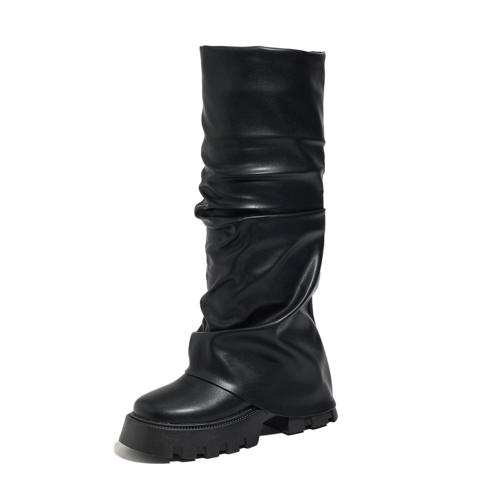 Fold Over Boots for Women Platform Knee High Slouchy Ruched Wide Calf Shark Boots