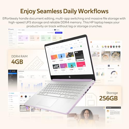 Image of HP Flagship 14 inch Laptop with AI Copilot for Student, 13th Gen Intel 4-Core, 4GB DDR4, 256GB Storage(128GB UFS+128GB Docking Station), Intel Graphics, Webcam, 1 Year Office 365, WiFi 6, Win 11 S, Purple