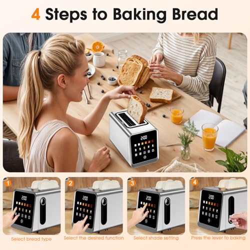 Touch Screen Toaster 2-Slice with 1.5" Wide Slots & Memory Recall | 900W Stainless Steel Smart Digital Toasters | 6 Shade Settings for Bagels & Thick Bread