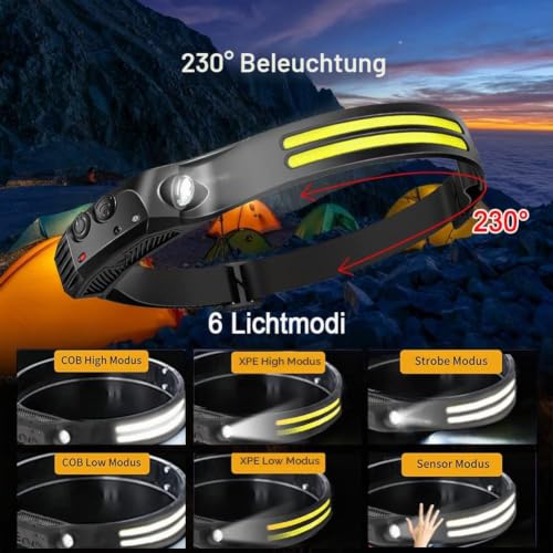 GSY Stirnlampe LED Wiederaufladbar 2 Stück, 2 COB LED 2000 Lumen Erreichen Sensor Stirnlampe, Wiederaufladbar LED XPE Kopfleuchte Akku… – Ansicht 3