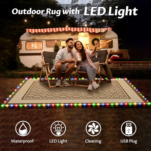 Image of Pafolo 5'x8' Outdoor Rug with LED Lights, Waterproof Plastic Straw Rug Reversible, Patio Rug with 4 Rug Stakes, Outside Carpet Mat for RV, Camping, Porch, Beach, Balcony, Picnic, Brown&White