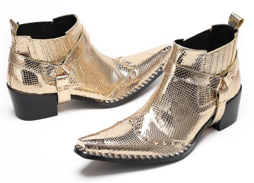 Santimon Chelsea Boots White Dress for Men Prom Casual Genuine Leather Pull Up Belt Buckle Metal Tip Ankle Boots Mens Fashion Tuxedo Wedding Ballroom Party Disco Western Cowboy Boots for Men3