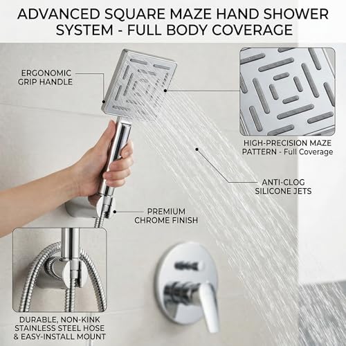 Image of Marcoware ABS Maze Square Design Bathroom Hand Shower set with 1.5 Meter Ultra Flexible Hose & Wall Mount Hook, Chrome, Polished Finish