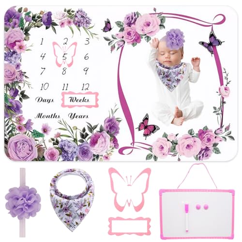 Image of Milestone Blanket for Baby Girl (Purple 60x40 Inches), with Photo Aid Frame, Saliva Towel, Erasable Writing Board, Hair Band, Documenting Growth。