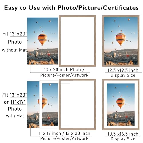 Image of JCJMY 13x20 Picture Frame with 11x17 Mat, Display Photo 11x17 with Mat or 13 x 20 Without Mat, Wall Hanging Large 13 by 20 Poster Frame with Plexiglass, Rustic Brown