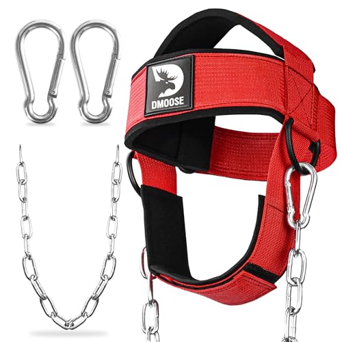 DMoose Fitness Neck Harness for Weight Lifting - Soft Padded Head & Chin Strap with 30 Heavy Duty Steel Chain - Neck Exerciser Trainer & Strengthener to Support Injury Recovery (Red)