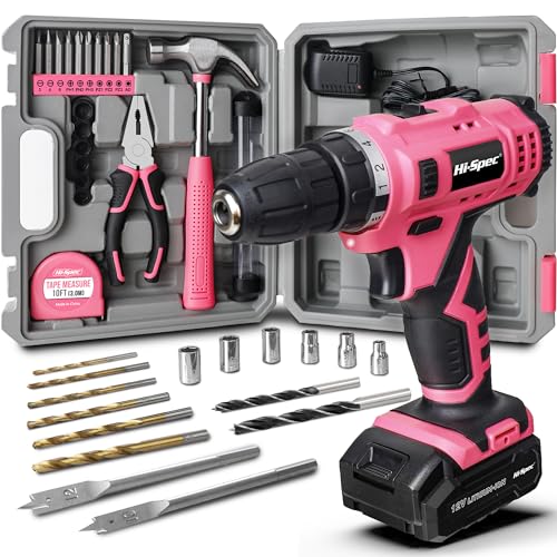 Hi-Spec Perceuse Visseuse sans Fil 12V Rose 30 pcs - Kit Complet avec Mallette d'Outils - Perceuse, Embouts, Forets, Marteau, Tournevis et Plus pour Travaux,...
