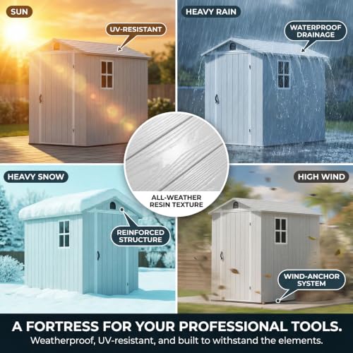 Image of Devoko 4x6 FT Resin Storage Sheds with Floor, Plastic Outdoor Tool Shed with Windows, Waterproof Outside Sheds and Lockable Doors for Backyard Lawn Garden, Light Gray