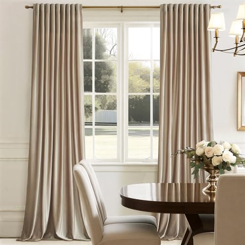 Image of 100% Full Blackout Champagne Beige Polyester Velvet Curtains 96 inch Long for Living Room,Set of 2 Liner Rod Pocket Back Tab Thermal Window Curtains Room Darkening Heavy Decor Drapes for Bedroom