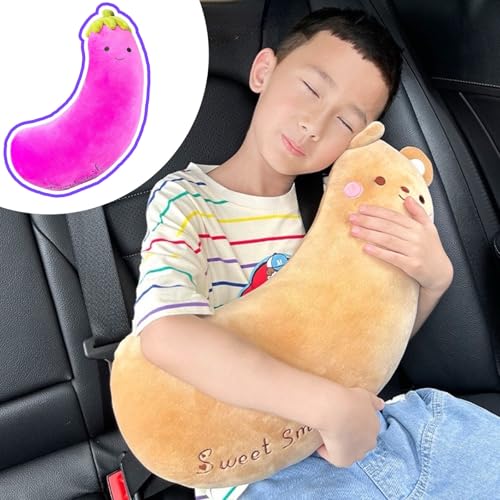 Image of Cute Cartoon Seatbelt Pillow for Kids Travel Seatbelt Cover and Cushion Pillow Plush Cartoon Pillow (Purple Eggplant)