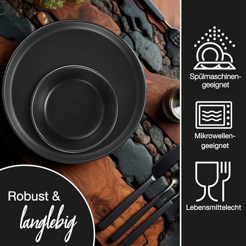 Moritz & Moritz NORDIC Geschirrset 6 Personen - 18-teiliges Steingut Geschirr Set in Schwarz - Skandinavisches Design - Robustes Teller Set 6 Personen für Alltag & Gäste - Kombiservice Geschirrsets