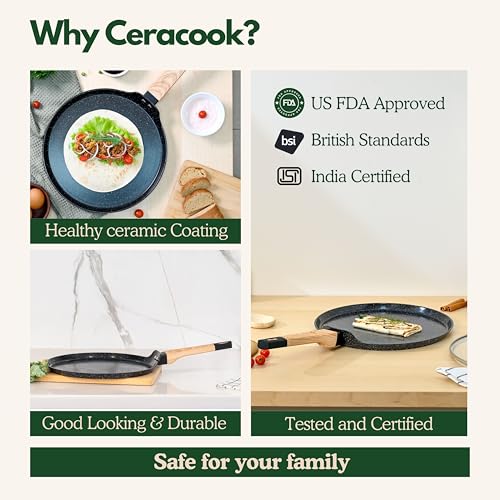 Image of Kreme Ceracook Ceramic Coated Granite Flat Tawa 28cm, ISI Certified Dosa Tawa, Forged Aluminium Body, Gas & Induction Compatible, Non Toxic, PFAS & PTFE Free, 1 Year Warranty, Midnight Black