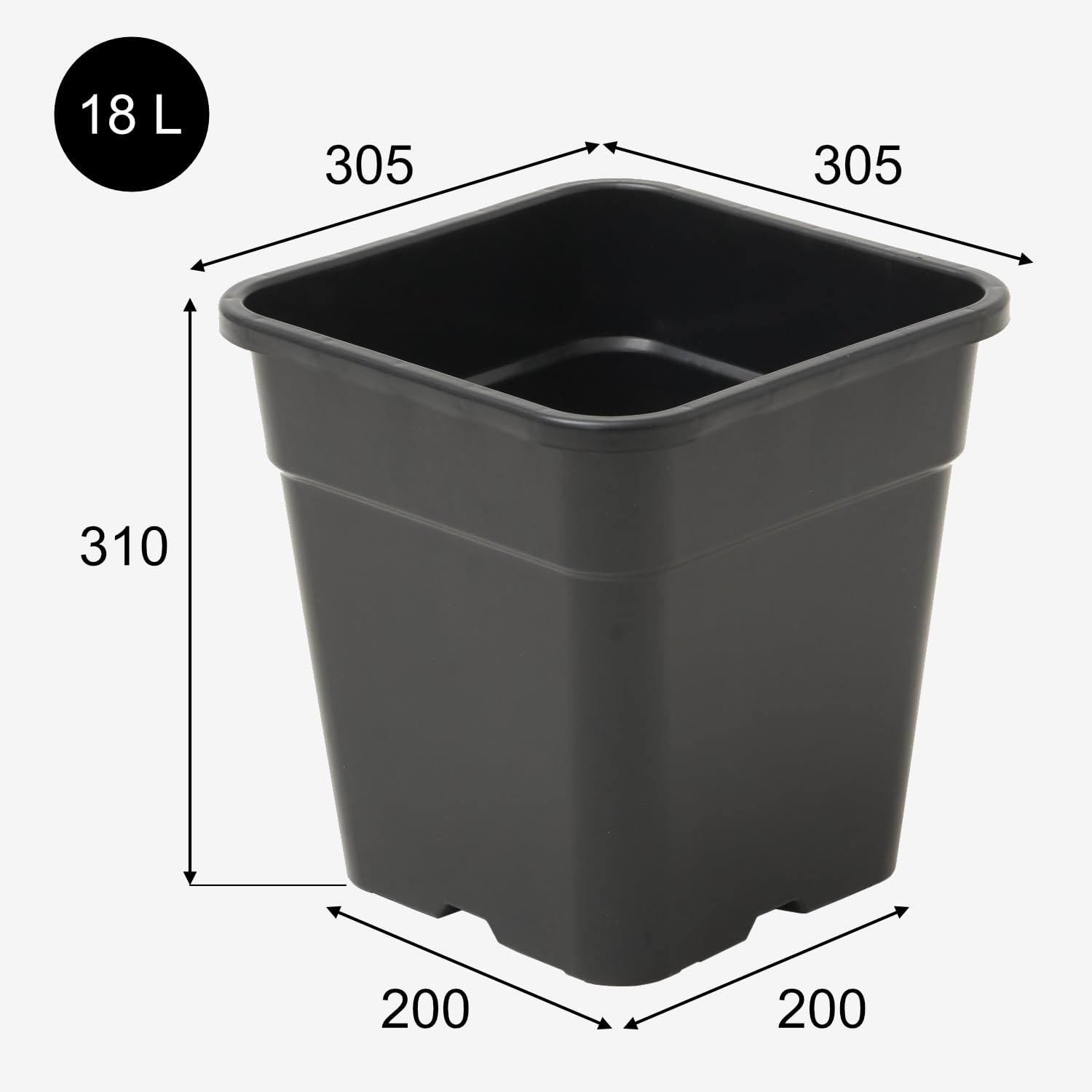 Lot de 6 pots de fleurs carrés de 18 l - Noir - Pot de culture professionnel avec trous de fond - Conteneur à plantes en plastique - 30 x 30 cm - Système de drainage contre l'eau stagnante