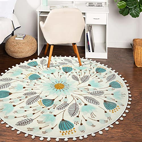 Uphome Round Rug For Bedroom 4' Circle Cute Area Rug With Pom Poms Fringe Floral Plant Washable Throw Rugs Non-Slip Soft Floor Mats For Entryway Laundry Living Room Kids Room Nursery #TOP5