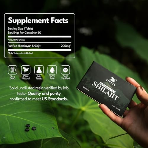 Chuga Pure Himalayan Shilajit Tablets for Men & Women | Organic Shilajit Harvested 16,000 Feet | Lab Tested in USA, 75+ Fulvic Acid, Grade A, Immune Booster, Shilajit Tablets, 60 Servings (1)