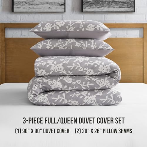 Lucky Brand Fiora Floral Grey Duvet Cover Set - Full/Queen Size - 3 Piece Luxurious Bedding Ensemble