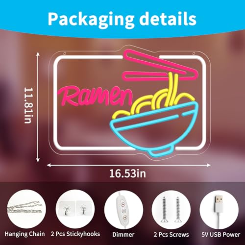 Image of Ramen Neon Sign for Wall Decor, Dimmable LED Light Up Sign for Resturant Dining Shop Kitchen Home Bar, USB Powered Christmas Birthday Gifts Wall Art 16.53 x 11.81 inch