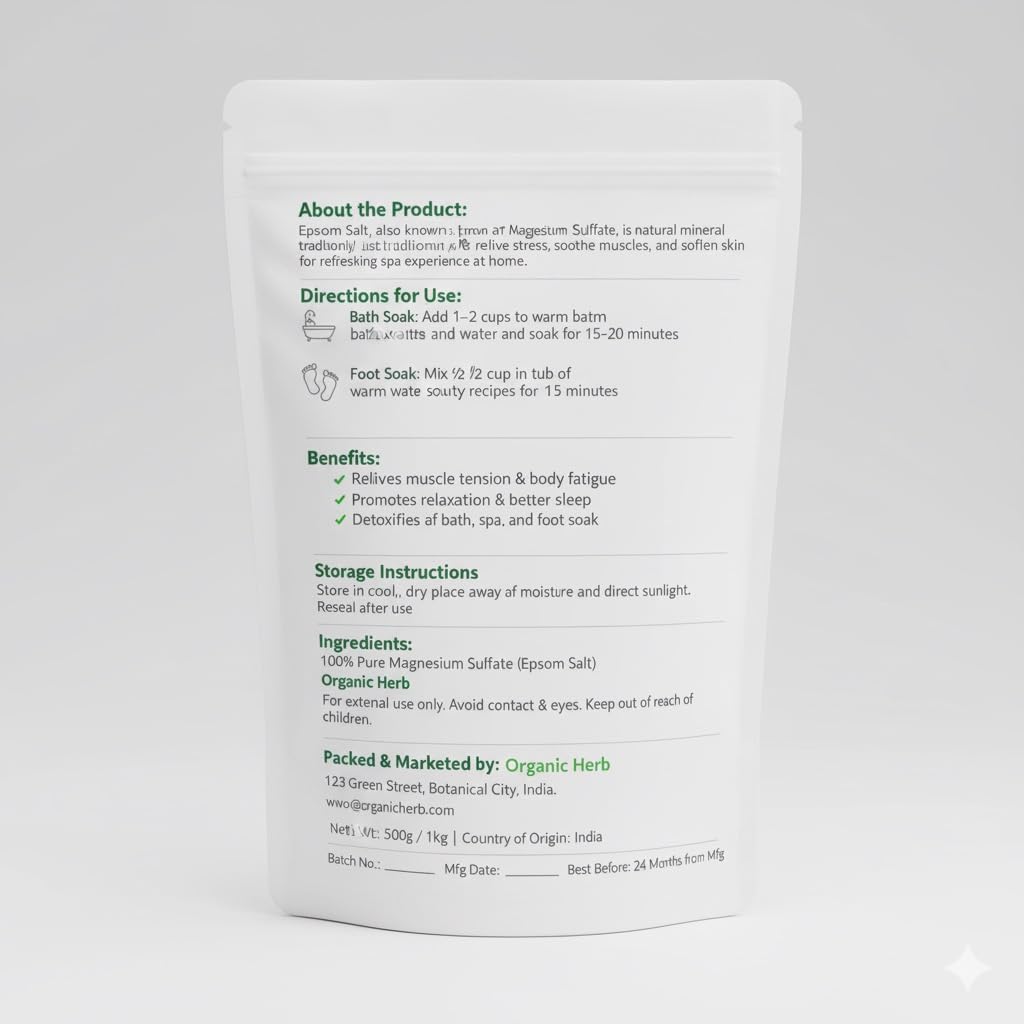 Organic Herb Epsom Salt, Premium Magnesium Sulfate Soaking Salt, USP Grade, Unscented, Ideal for Bath Soak, Foot Soak & Muscle Relaxation, 8 oz (227g)