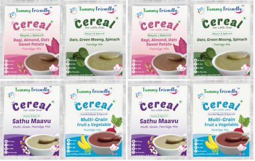Image of TummyFriendly Foods Certified Organic Porridge Mixes Trial Packs Combo For Little Ones | Organic Sprouted Ragi, Oats, Banana, MultiGrain, Oats, Sathu Maavu | Made of Organic-Sprouted Ragi Flour, Pulses, Fruit, Vegetables and Nuts | Maximum Possible Nutrition From Real Food | No Sugar, No Salt, No Chemicals, No Pesticides & No GMO | 4 Baby Packs, 50g Each | Shelf Life 9 Month.