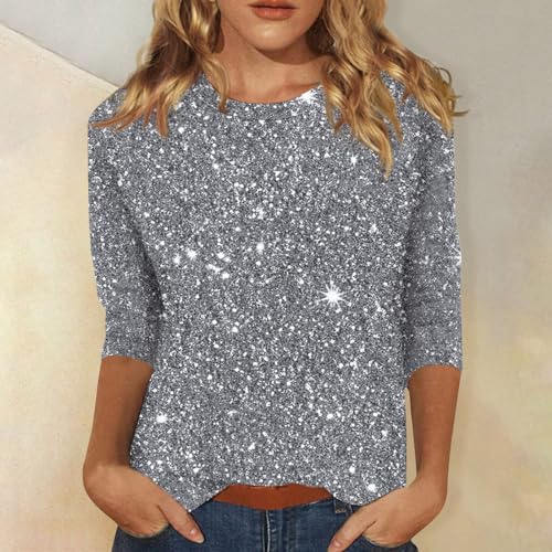 Generic Damen Pailletten Oberteil Silber - Glitzer Pullover Langarm - Festlich - Lässig-Festiv - Satin, Linen - M - Waffelkragen - Rundhals-Ausschnitt - 3/4 Ärmel - Grau - Maschinenwäsche - 1 Count