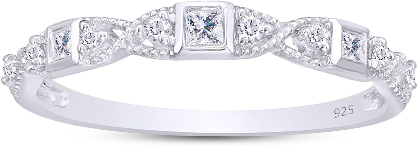 1/8 Carat Princess & Round Cut White Natural Diamond Three Stone Twist Stackable Band Ring In 14k Gold Plated 925 Sterling Silver Jewelry (Clarity : I2-I3, Color : I-J, 0.13 Cttw)