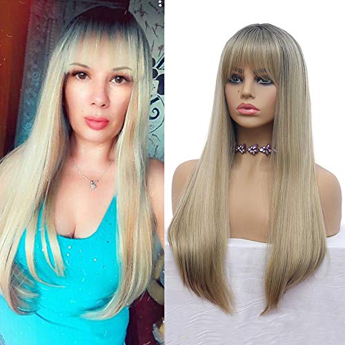 Ombre Wig With Bangs 2 Tone Ash Blonde Mixed Black Brown Wigs Long Straight for Women Neat Bangs Synthetic Heat Resistant Fiber Natural Looking Wigs for Cosplay Holloween Party