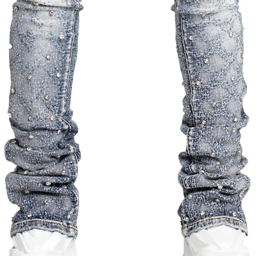Men Stretch Faux Pearl Denim Pants Mid Rise Distressed Fashion Straight Jeans Y2K Causal Cozy Streetwear Trousers4