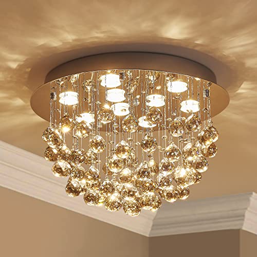 Saint Mossi 9-Lights Modern K9 Crystal Chandelier Light Fixture, Flush Mount Ceiling Light, Perfect for Bedroom, Dining Room, Living Room, H13" x D20", Smoky Grey Crystal & Chrome Finish