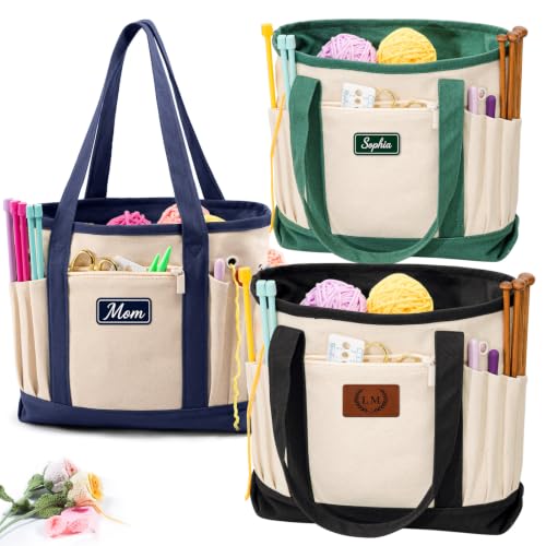 Image of Personalized Crochet Bag with Custom Leather Patch or Embroidered Name, Canvas Knitting Tote for Yarn Storage, Crochet Organizer with Multiple Pockets, Custom Gift for Crocheters & Knitters