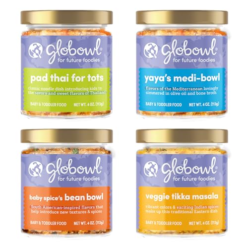 Globowl Stage 3 Baby Food & Toddler Meals, 6+ Months Early Allergen Introduction, Baby Led Weaning, International Whole Food Snacks for Toddlers, Babies, 4 oz Glass Jar, Variety 4-Pack