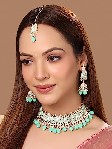 Image of Yellow Chimes Ethnic Gold Plated Studded Kundan Beads Flower Design Jewellery Set Multicolour Meenakari Choker Necklace Set for Women and Girls
