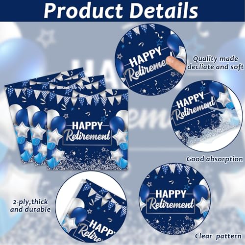 Image of gisgfim 96 Pcs Retirement Plates and Napkins Party Supplies Paper Happy Retirement Party Tableware Set Blue Silver Decorations Favors for Men Women for 24 Guests