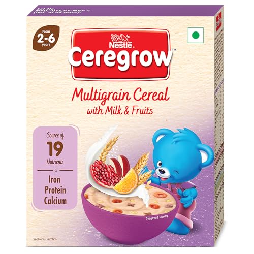 Image of CEREGROW Multigrain Cereal with Milk & Fruits, From 2-6 years, With Iron, Protein, Calcium, 19 Nutrients, Instant Cereal, 300g, Bag-in-box Pack